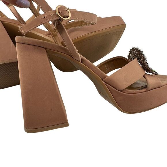 ZARA Rhinestone Embellished Platform Sandal Chunky Heel Sz 41 US 10.5 Tan Satin - Picture 11 of 12